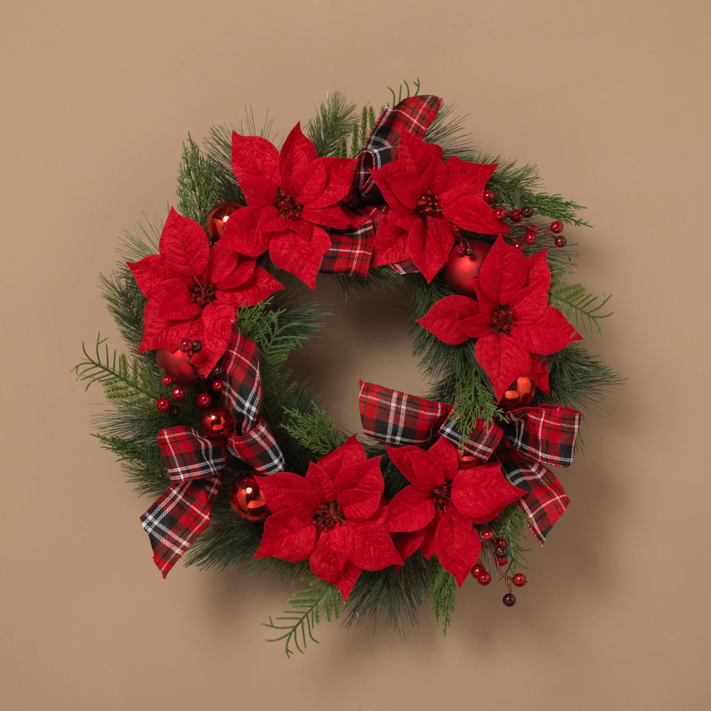 Illuminated 24 in D Poinsettia and Pine Wreath with Ornaments and Plaid Bows 2651650EC